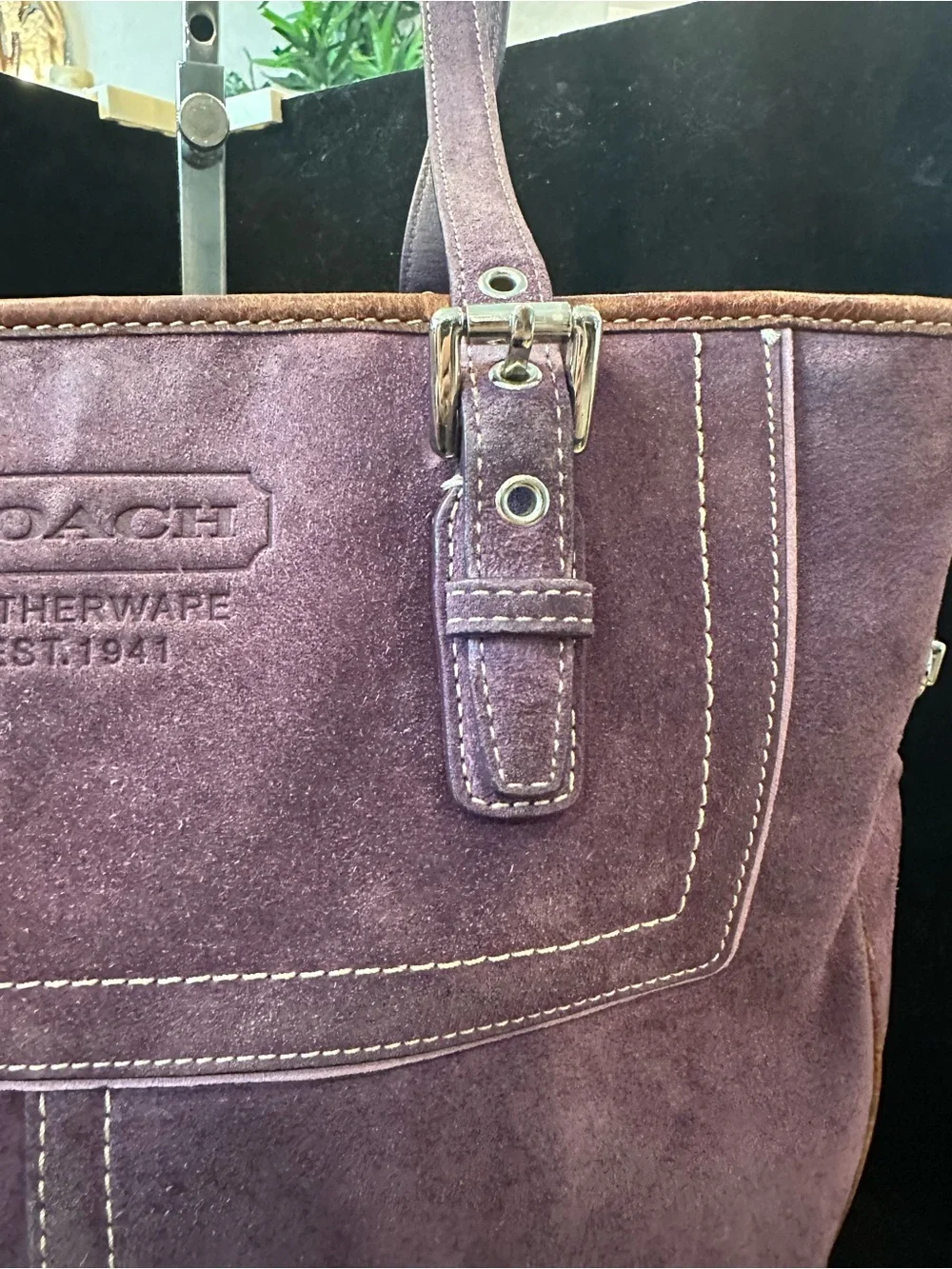 Coach #344 Vintage Hamptons Gallery Plum Suede Tote with Leather Trim
